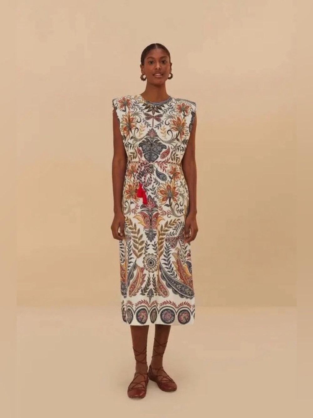 FARM Rio Cream Midi Dress with Multicolor Paisley Print